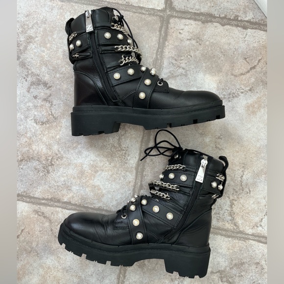 Zara Black Moto Studded Chain Pearl Embellished Boots - Picture 5 of 10